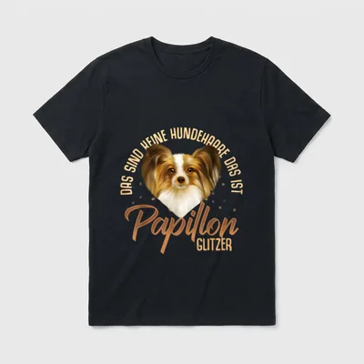 Papillon Hund Spruch Hunderasse T-Shirt – Papillon-Portrait mit Spruch „Papillon Glitzer“ – Klassisches T-Shirt in Schwarz