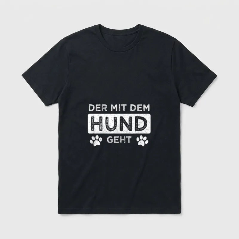 Der mit dem Hund T-Shirt 0158 – Schriftzug „Der mit dem Hund geht“ mit zwei Pfotenabdrücken – Klassisches T-Shirt in Schwarz