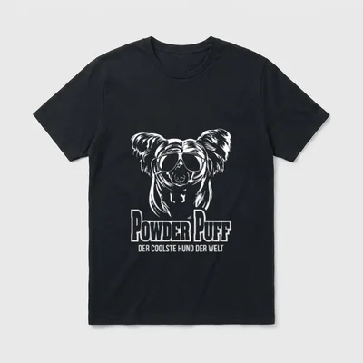 Powder Puff cooler Hund T-Shirt – Zottelhund mit Sonnenbrille, Schriftzug „Powder Puff“ – Klassisches T-Shirt in Schwarz