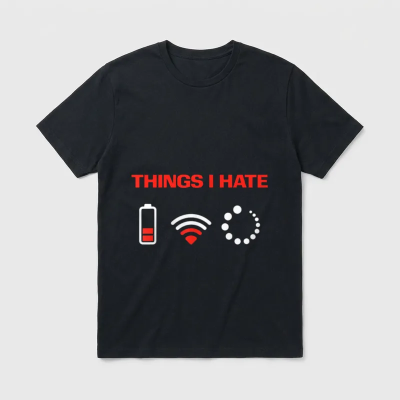 Gaming Shirt Design – „THINGS I HATE“ über Akku-, WLAN- und Ladesymbol – Klassisches T-Shirt in Schwarz