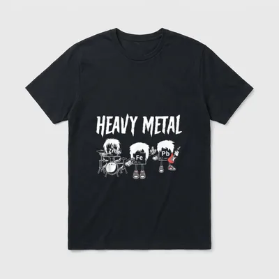 Heavy Metal Chemie Wortspiel T-Shirt – Band aus Zn, Fe und Pb unter Schriftzug „Heavy Metal“ – Klassisches T-Shirt in Schwarz