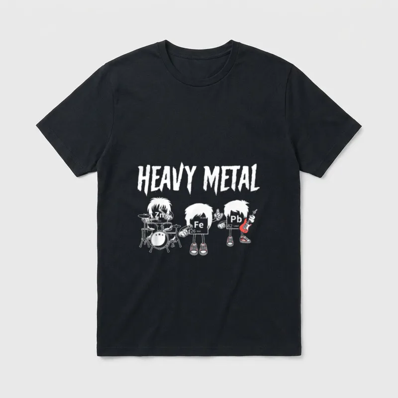 Heavy Metal Chemie Wortspiel T-Shirt – Band aus Zn, Fe und Pb unter Schriftzug „Heavy Metal“ – Klassisches T-Shirt in Schwarz