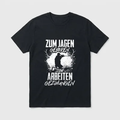 Jagd T-Shirt Damen – Jäger-Silhouette mit Gewehr, Geweihe, Spruch in Großbuchstaben – Klassisches T-Shirt in Schwarz