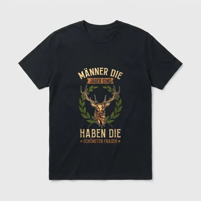 Männer Die Jäger Sind T-Shirt – Hirschkopf mit Lorbeerkranz, Spruch über Jäger und Frauen – Klassisches T-Shirt in Schwarz