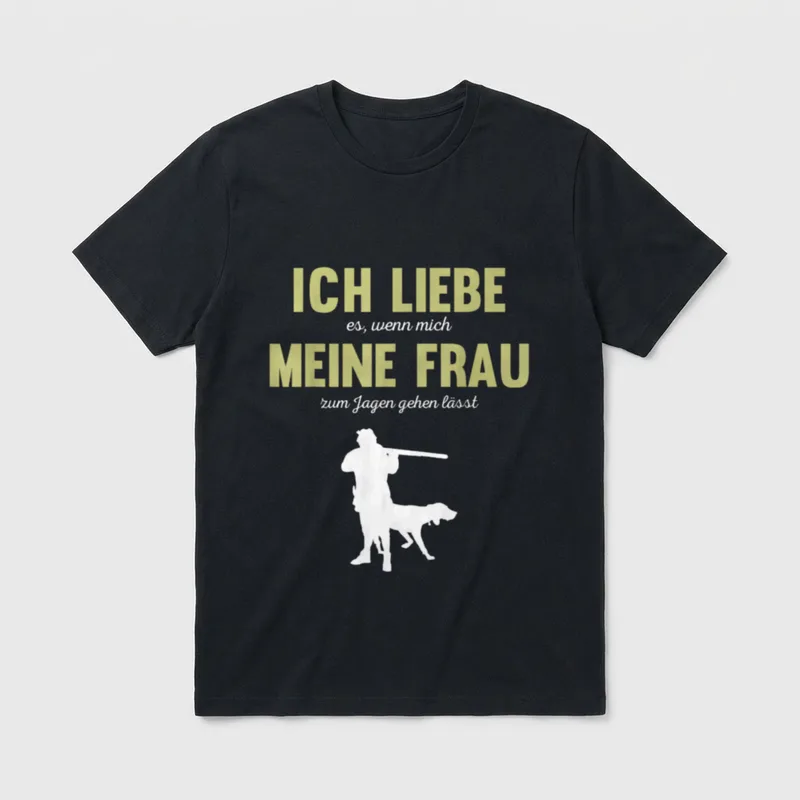 Jäger Jagd Jagen Spruch T-Shirt – Schriftzug über Jagdfreigabe, Jäger mit Hund Silhouette – Klassisches T-Shirt in Schwarz