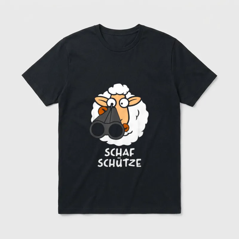 Funny Sheep Shooter Wortwitz T-Shirt – Weißes Schaf mit Fernglas, Schriftzug „Schaf Schütze“ – Klassisches T-Shirt in Schwarz