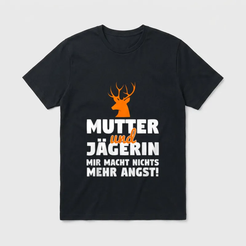 Jägerin Mutter Mama Jagd T-Shirt – Hirschkopf mit Geweih, Spruch „Mutter und Jägerin“ – Klassisches T-Shirt in Schwarz