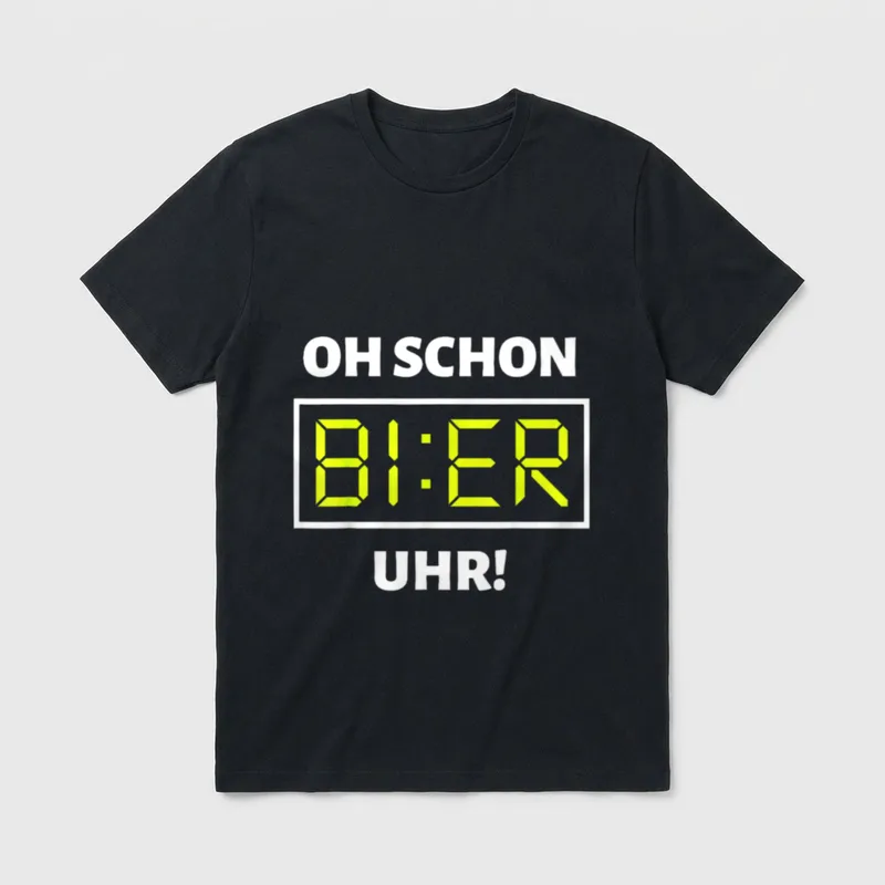 Mallorca Party Shirt – Digitaluhr zeigt „BI:ER“, darüber „Oh schon“, darunter „Uhr!“ – Klassisches T-Shirt in Schwarz