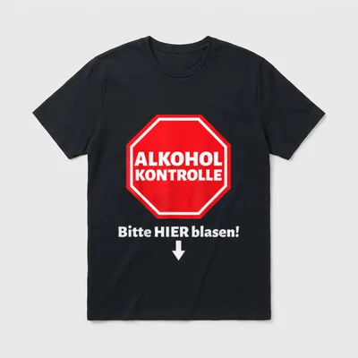 Party Shirt Herren – Rotes Schild „Alkohol Kontrolle“, Pfeil, Text „Bitte hier blasen“ – Klassisches T-Shirt in Schwarz