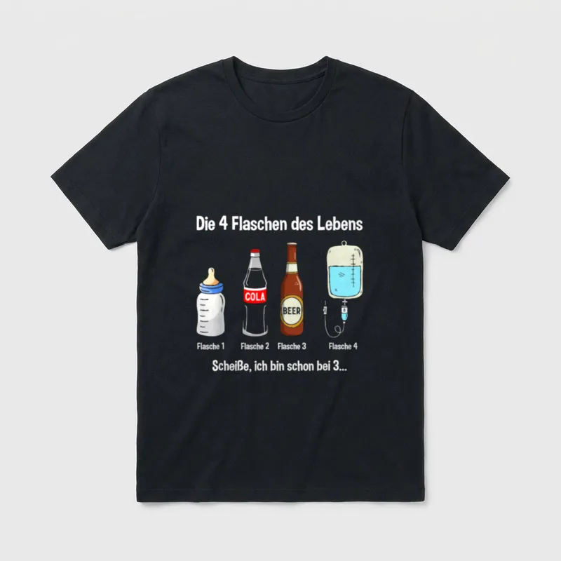 The 4 Bottles of T-Shirt – Die 4 Flaschen des Lebens: Babyflasche, Cola, Bier, Infusion – Klassisches T-Shirt in Schwarz