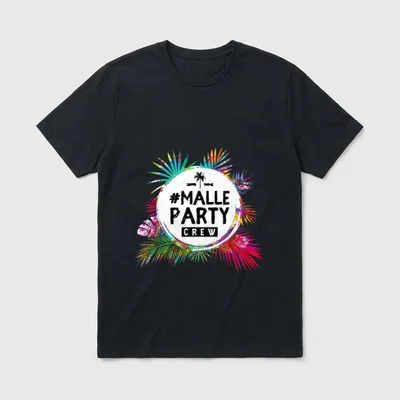 Malle Party Shirt – #MALLE PARTY CREW Schriftzug mit Palme und bunten Palmwedeln – Klassisches T-Shirt in Schwarz