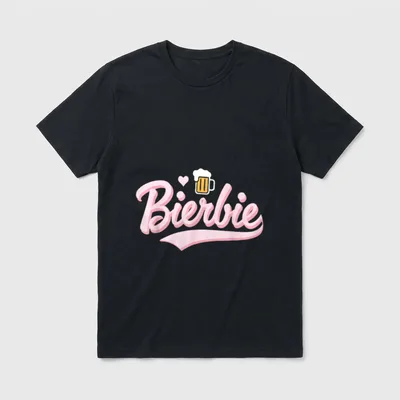 Bierbie Lustiges Bier Party T-Shirt – Rosa Schriftzug „Bierbie“ mit Herz und Bierkrug – Klassisches T-Shirt in Schwarz