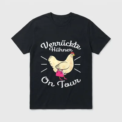 Party On Shirt – Henne mit pinker Handtasche und Pumps, Spruch „Verrückte Hühner On Tour“ – Klassisches T-Shirt in Schwarz