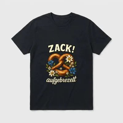 Party Lederhosn Dirndl Ersatz T-Shirt – Brezel mit Blumen, Schriftzug „ZACK! aufgebrezelt“ – Klassisches T-Shirt in Schwarz