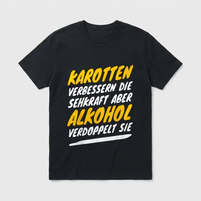 Bier Wein Schnaps Alkohol T-Shirt – Spruch „Alkohol verdoppelt sie“ in Gelb und Weiß – Klassisches T-Shirt in Schwarz