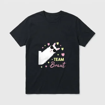 Jga T-Shirt Team Braut – Alpaka mit Sonnenbrille, Schriftzug TEAM Braut, Herzen, Sterne – Klassisches T-Shirt in Schwarz