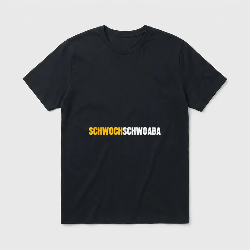 Schwochschwoaba Lustiger Bier Spruch T-Shirt – Schriftzug SCHWOCHSCHWOABA in Gold und Weiß – Klassisches T-Shirt in Schwarz