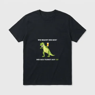 Lustiges Wie macht T-Shirt – Grüner Rex mit Bierglas, Spruch „Wie macht der Rex“ – Klassisches T-Shirt in Schwarz