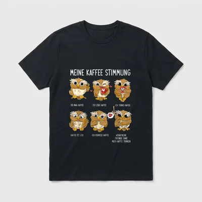 Meine Kaffee Stimmung Eule T-Shirt – Sechs Eulen mit Sprüchen zur Kaffee-Laune – Klassisches T-Shirt in Schwarz