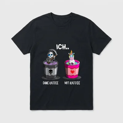 Spruch Ich ohne Kaffee T-Shirt – ICH.. OHNE KAFFEE Sensenmann, MIT KAFFEE Einhorn im Becher – Klassisches T-Shirt in Schwarz