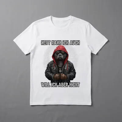 Nett kann ich auch will T-Shirt – Hund mit Sonnenbrille, Lederjacke, roter Kapuze und Spruch – Klassisches T-Shirt in Schwarz