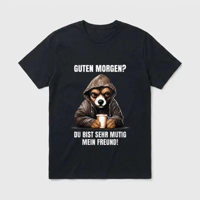 Lustiger und müder Hund T-Shirt – Hund mit Kapuze und Kaffeebecher, Spruch „Guten Morgen?“ – Klassisches T-Shirt in Schwarz