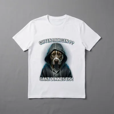 Hund Frühstück Humor T-Shirt – Hund im Kapuzenpulli mit Text Guten Morgen ganz dünnes Eis – Klassisches T-Shirt in Schwarz