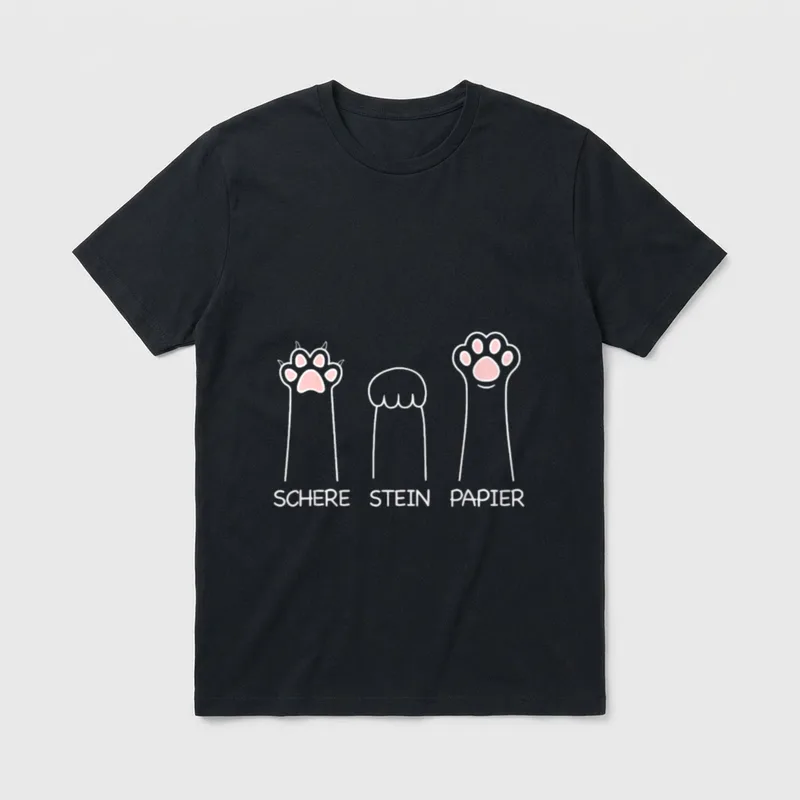 Schere Stein Papier Spiel T-Shirt – Drei Katzenpfoten als Schere, Stein, Papier – Klassisches T-Shirt in Schwarz
