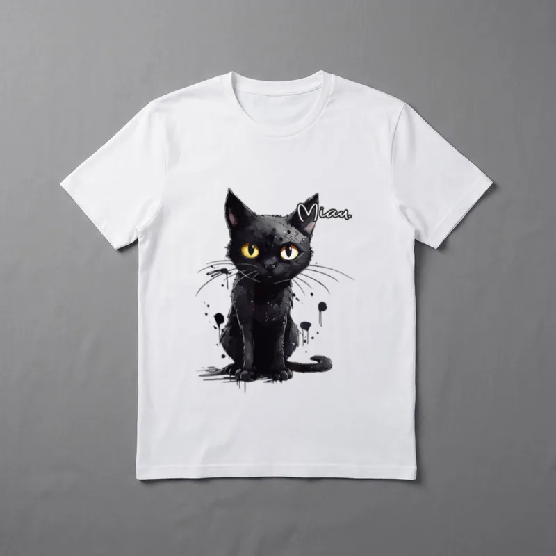 MIAU Katze Lustig lustiges T-Shirt – Schwarze Katze mit gelben Augen und Schriftzug „Miau.“ – Klassisches T-Shirt in Schwarz