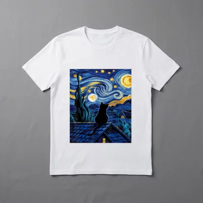 Cat Starry Night Van T-Shirt – Schwarze Katze auf Dach vor wirbelndem Sternenhimmel – Klassisches T-Shirt in Schwarz
