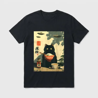 Lustige japanische Katze UFO T-Shirt – Klassisches T-Shirt in Schwarz