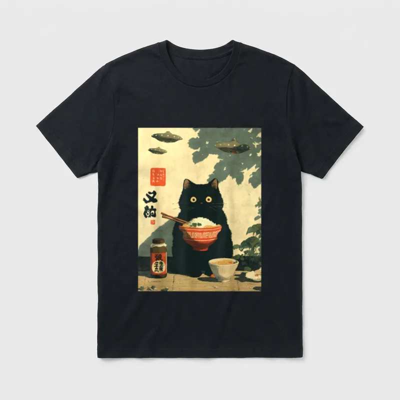 Lustige japanische Katze UFO T-Shirt – Klassisches T-Shirt in Schwarz