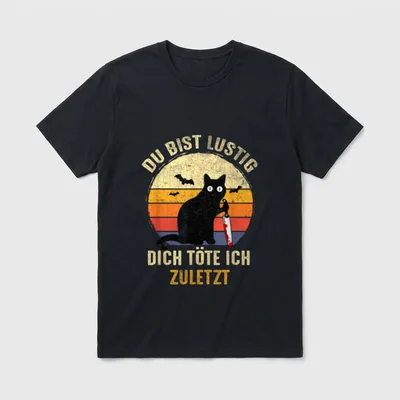 Du Bist Lustig Dich Töte T-Shirt – Schwarze Katze mit Messer, Fledermäuse, Retro-Sonnenkreis – Klassisches T-Shirt in Schwarz