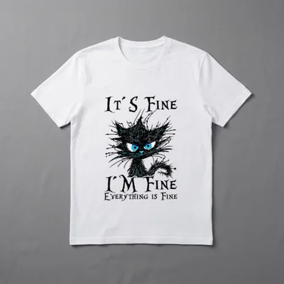 it s fine T-Shirt – Zerzauste schwarze Katze mit Spruch „It's Fine I'm Fine“ – Klassisches T-Shirt in Schwarz