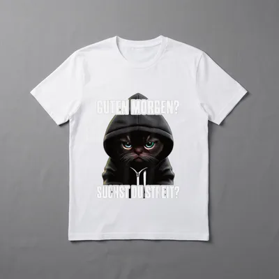 Katze Spruch Lustig I T-Shirt – Katze im Hoodie mit Spruch „Guten Morgen? Suchst du Streit?“ – Klassisches T-Shirt in Schwarz