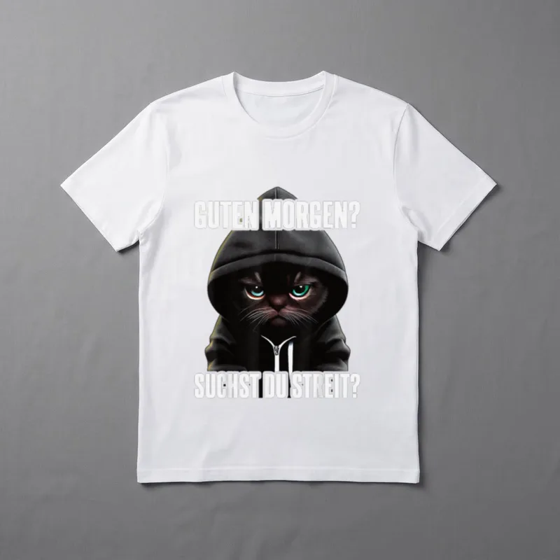 Katze Spruch Lustig I T-Shirt – Katze im Hoodie mit Spruch „Guten Morgen? Suchst du Streit?“ – Klassisches T-Shirt in Schwarz