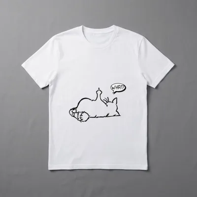 Faule Katze T-Shirt – Liegende Katze mit What? Sprechblase und erhobener Pfote – Klassisches T-Shirt in Schwarz