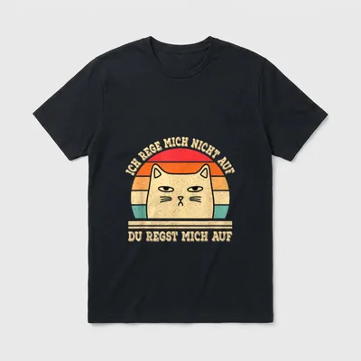Ich Rege Mich Nicht T-Shirt – Grimmige Retro-Katze, Sonnenuntergang, Spruch in zwei Zeilen – Klassisches T-Shirt in Schwarz