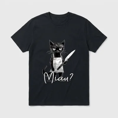 Miau Katze mit Messer T-Shirt – Schwarze Katze mit Schürze und Messer, Schriftzug „Miau?“ – Klassisches T-Shirt in Schwarz