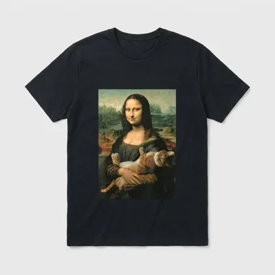 Mona Lisa mit orangefarbener T-Shirt – Mona Lisa hält eine orange-weiße Katze im Arm – Klassisches T-Shirt in Schwarz