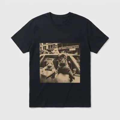 Funny Cat Gang Meme T-Shirt – Vier Katzen mit Bandanas und Pistolen lehnen aus Auto – Klassisches T-Shirt in Schwarz