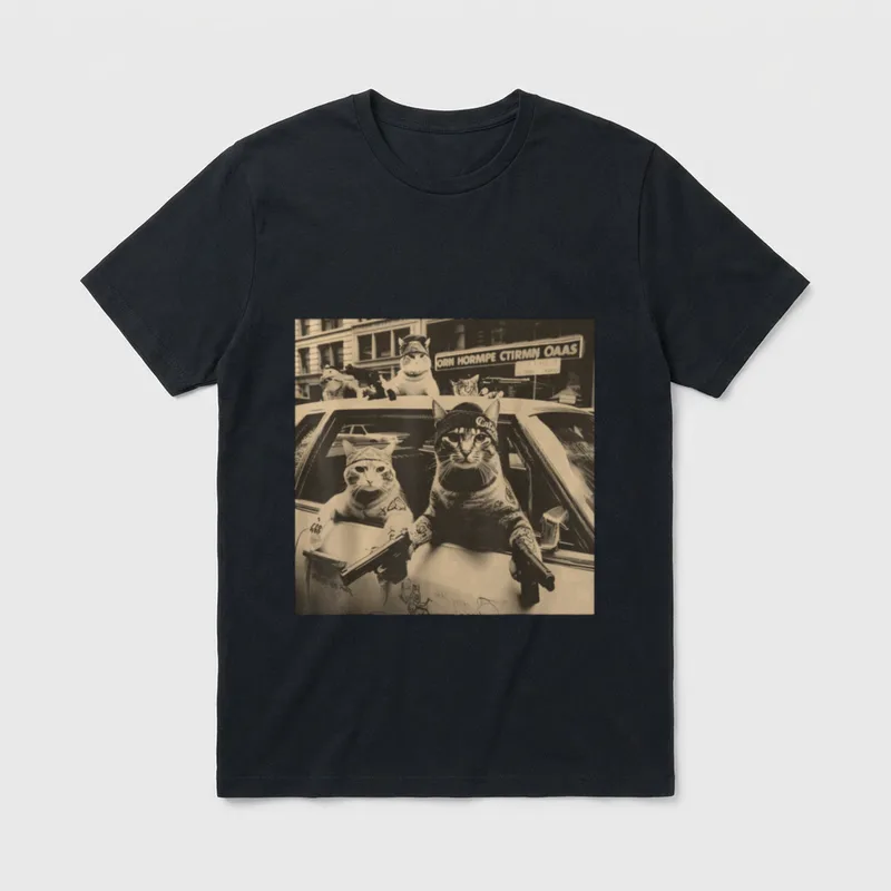 Funny Cat Gang Meme T-Shirt – Vier Katzen mit Bandanas und Pistolen lehnen aus Auto – Klassisches T-Shirt in Schwarz