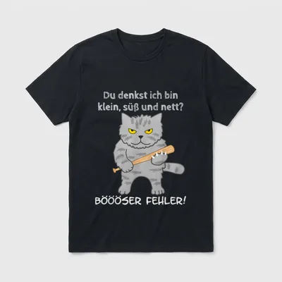 Böse Katze Spruch Lustig T-Shirt – Graue Katze mit Baseballschläger, Spruch BÖÖÖSER FEHLER – Klassisches T-Shirt in Schwarz
