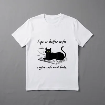 Kaffee Katzen und Bücher T-Shirt – Klassisches T-Shirt in Schwarz