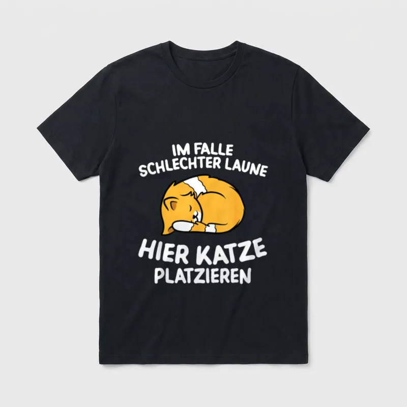 Im Falle Schlechter Laune T-Shirt – Schlafende Katze mit Spruch „Hier Katze platzieren“ – Klassisches T-Shirt in Schwarz