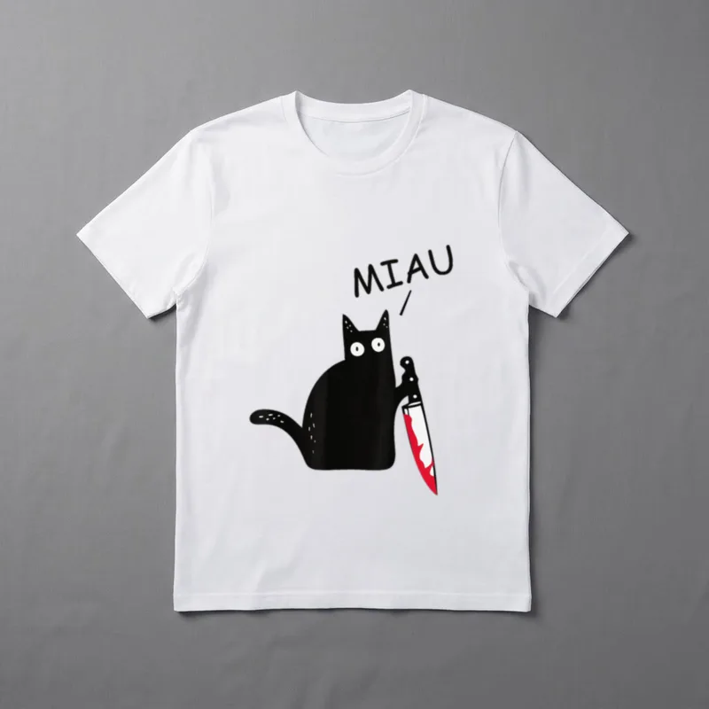 Verrückte Katze mit Messer T-Shirt – Schwarze Katze hält blutiges Messer, Schriftzug „MIAU“ – Klassisches T-Shirt in Schwarz