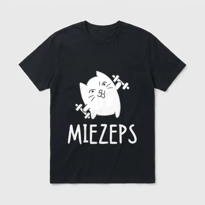Kiezeps Katze Samt Pfote T-Shirt – Katze stemmt Hanteln, Schriftzug MIEZEPS darunter – Klassisches T-Shirt in Schwarz
