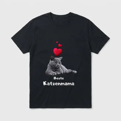 mit Katze Herz beste T-Shirt – Liegende Katze, rote Herzen, Schriftzug Beste Katzenmama – Klassisches T-Shirt in Schwarz