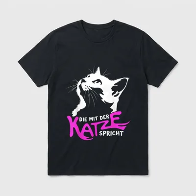 Katzenmama Spruch Katze T-Shirt – Katzenkopf mit Spruch „Die mit der Katze spricht“ – Klassisches T-Shirt in Schwarz