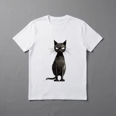 Schwarze Katze Lustig I T-Shirt – Gezeichnete schwarze Katze mit großen runden Augen – Klassisches T-Shirt in Schwarz